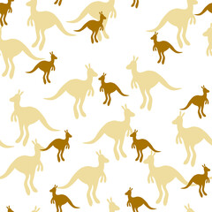 Vector flat illustration with silhouette kangaroo and baby kangaroo. Seamless pattern on white background. Design for card, poster, fabric, textile. Pray for Australia and animals