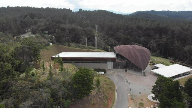 Exterior of the Arvi Metrocable Station in Medellin, Colombia - aerial drone shot