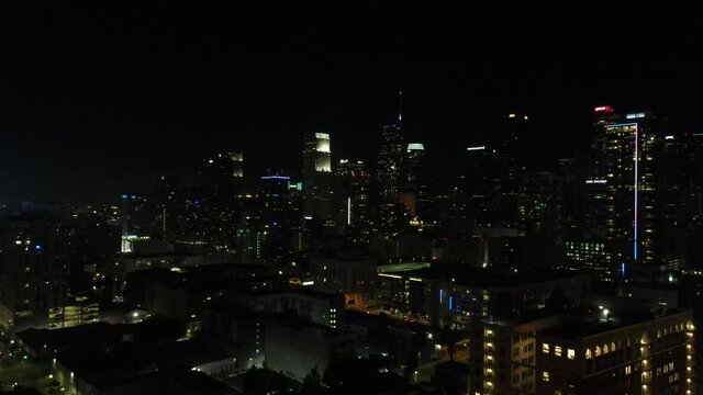 Downtown Los Angeles California Aerial Night Skyline View