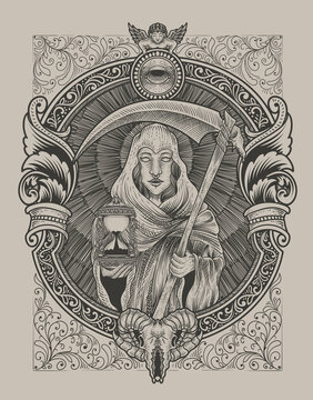 illustration death angel woman with engraving ornament style