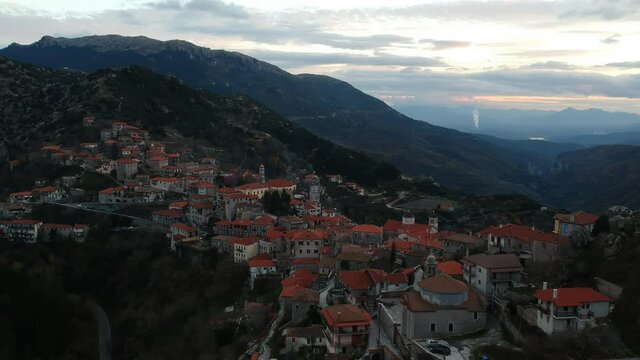 Aerial view over the beautiful historical village Dimitsana during winter period in Arcadia, Peloponnese, Greece