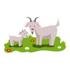 Cute cartoon illustration of mom and kids, farm animal goat and kid. Vector isolated on a white background.