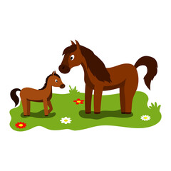 Cute cartoon illustration of mom and kids, farm animal horse and foal. Vector isolated on a white background.