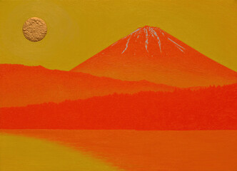 油絵イラスト西湖から陽色に染まる朝日の富士2021