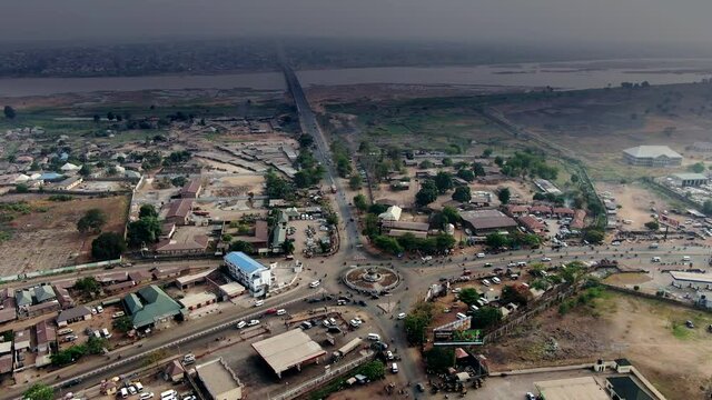 Roundabout traffic circle in Makurdi Town of the Benue State of Nigeria - orbiting aerial view