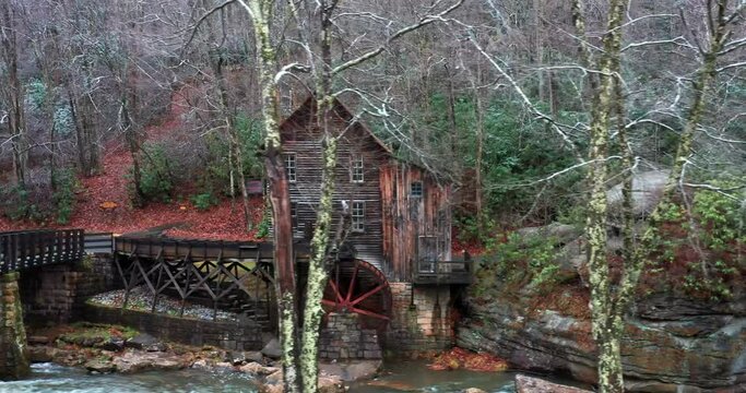 Glade Creek Grist Mill in West Virginia drone video moving sideways.