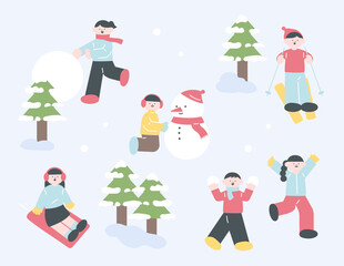 On a snowy day, people are making snowmen, riding sleds, and skiing. flat design style vector illustration.
