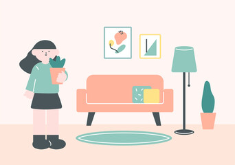 Cozy living room A woman is standing with a flowerpot. flat design style vector illustration.