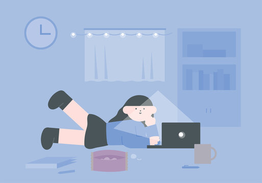 A girl is lying on the floor and looking at a laptop. flat design style vector illustration.