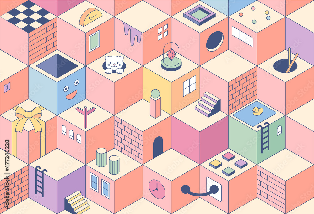 Poster cute icons in cube space. space movement through the hole and items are placed on the cube. flat des