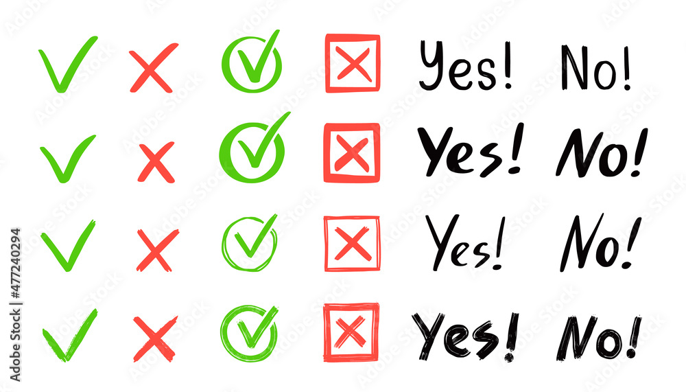 Aufkleber green check and red cross mark set. hand drawn doodle sketch style. vote, yes, no drawn concept. che
