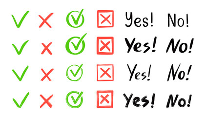 Green check and red cross mark set. Hand drawn doodle sketch style. Vote, yes, no drawn concept. Checkbox, cross mark with square, circle element. Vector illustration.