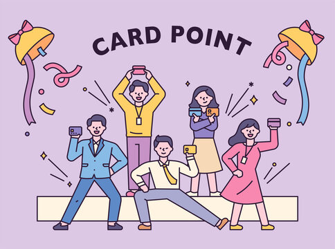 Credit card marketing poster. People who enjoy using card points. flat design style vector illustration.