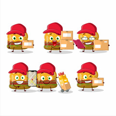Cartoon character design of hamburger gummy candy working as a courier