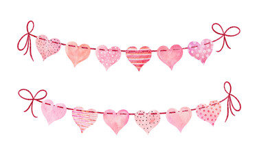Watercolor festive garland of valentines hearts isolated on white background. Decorative elements for the Valentine's Day holiday. - obrazy, fototapety, plakaty