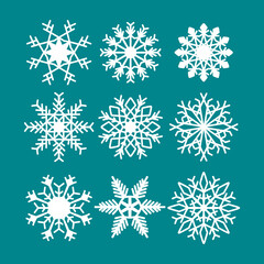 Fototapeta na wymiar Snowflake vector icon background set white color. Winter blue christmas snow flake crystal element. Weather illustration ice collection. Xmas frost flat isolated silhouette symbol