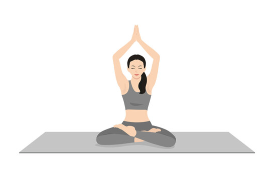 Seated Mountain Pose in Auspicious Pose. Beautiful girl practice Parvatasana in Swastikasana. Young attractive woman practicing yoga exercise. working out, black wearing sportswear, grey pants