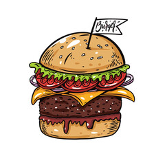 Colorful big burger hand drawn cartoon art. Line art style. Vector illustration.