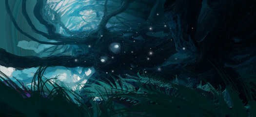 Futuristic science fiction digital concept art. Imaginary alien scenery.