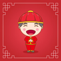 Cute Chinese boy greeting pose chibi cartoon character. Flat design illustration