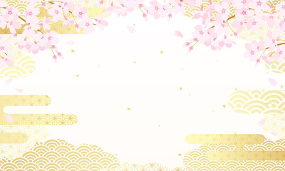春の桜と和柄の雲の和風のベクターイラスト背景