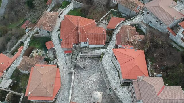 Aerial view over the beautiful historical village Dimitsana during winter period in Arcadia, Peloponnese, Greece