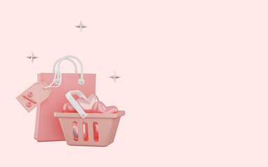 3d rendering of shopping cart with love.Concept of great discount, suitable for valentine and anniversary