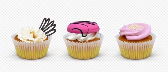Set of cakes baskets with cream on transparent background. Realistic vector food illustration