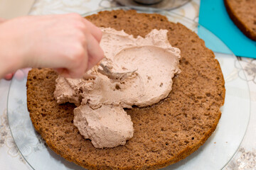 Working process of baking cake at home. Close up of female hand topping cream on chocolate biscuit. Culinary and delicious dessert concept.