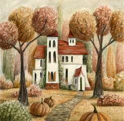 Autumn witch house with pumpkins, trees and forest. Hand drawn colored pencils illustration.