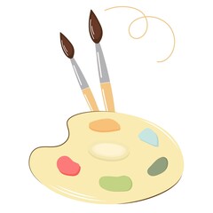 Palette and brush flat style. Isolated artist palette with two brushes on white. Vector cartoon plastic stuff with colorful round paint spots Creative kit for creating paintings and portraits close up