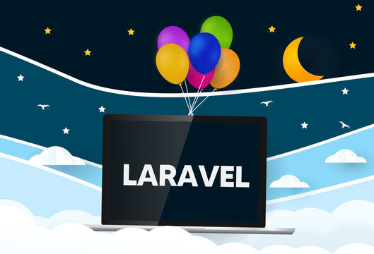 Laravel PHP Framework programming language.  Balloons carries laptop with word Laravel 
