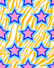 Fototapeta premium Abstract Hand Drawing Geometric 70s Retro Stars with Zebra Stripes Background Seamless Vector Pattern 