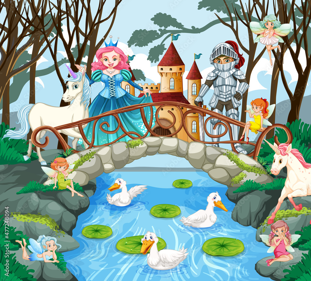 Poster Princess and knight in enchanted garden background