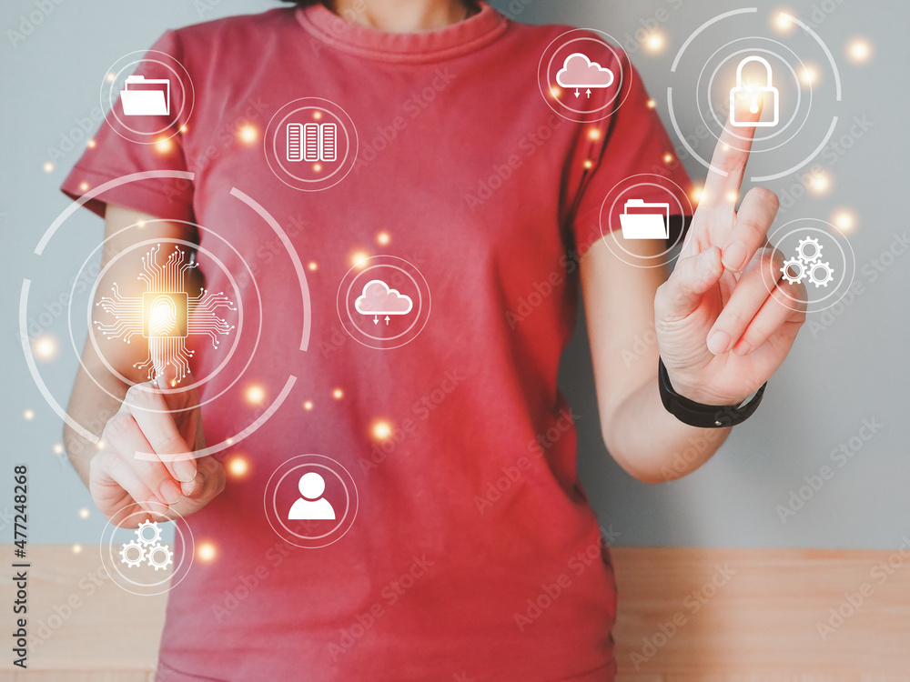 Poster young woman using the concept of cybersecurity and privacy to protect information. internet network 