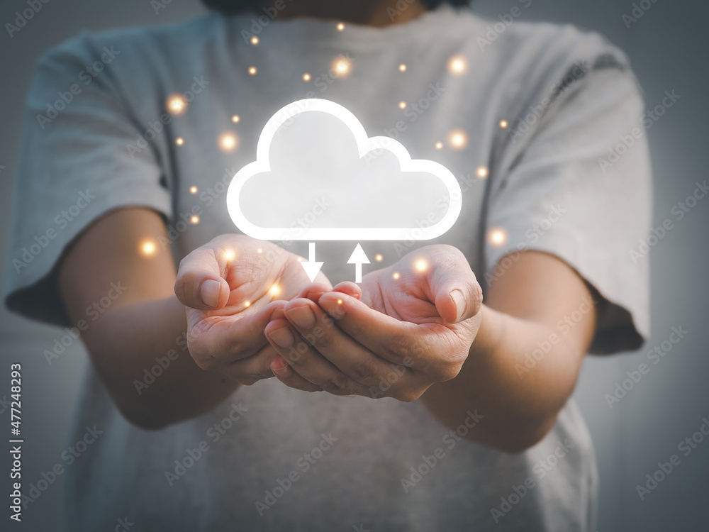 Poster girl showing cloud computing diagram in hand cloud technology data storage the provision of network 