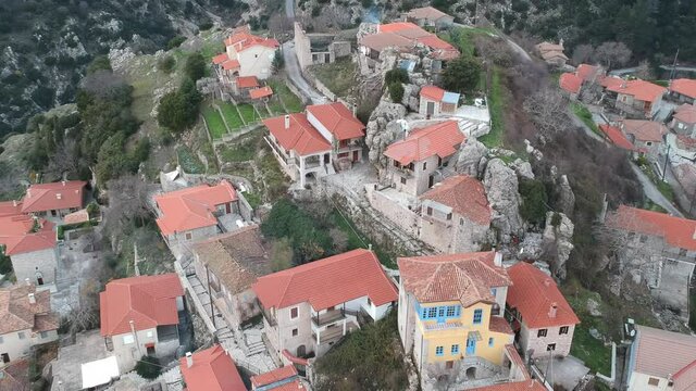 Aerial view over the beautiful historical village Dimitsana during winter period in Arcadia, Peloponnese, Greece