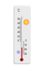 Celsius scale thermometer for measuring weather temperature. Thermometer isolated on white background. Ambient temperature minus 14 degrees