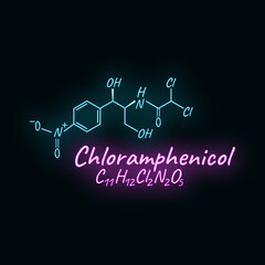 Chloramphenicol antibiotic chemical formula and composition concept structural drug, isolated on black background, neon style vector illustration.