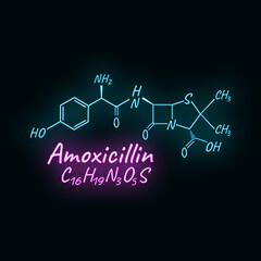 Amoxicillin antibiotic chemical formula and composition, concept structural drug, isolated on black background, neon style vector illustration.