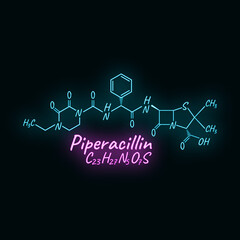 Piperacillin antibiotic chemical formula and composition, concept structural drug, isolated on black background, neon style vector illustration.