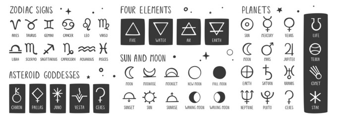 Astrological, esoteric symbols set. Zodiac signs, four elements, planets of the solar system, phases of the sun and moon, goddesses of asteroids. Vector hand drawn alchemy icons