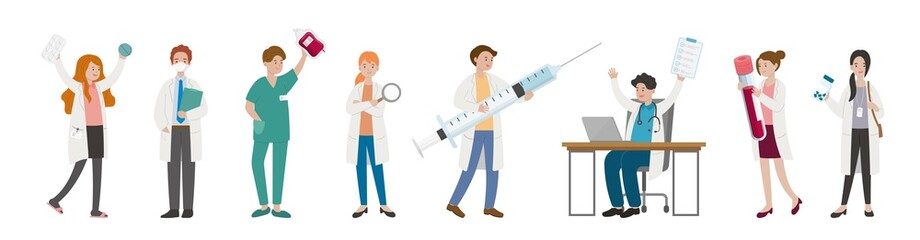 8 nurses and doctors combination, male and female medical workers, cartoon comic vector