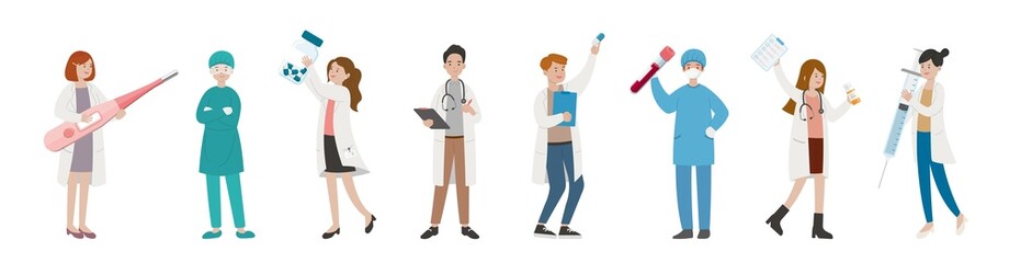 9 nurses and doctors combination, male and female medical workers, cartoon comic vector