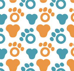 seamless color pattern with animal paw prints and a heart, vector illustration