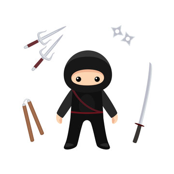 Cute ninja standing with weapons isolated on white background