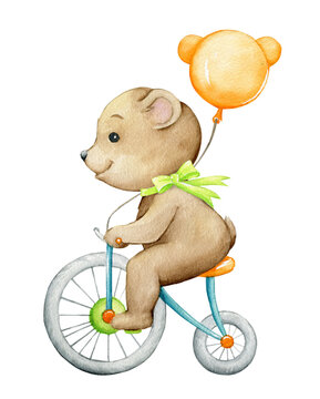 a bear rides a bicycle, holds an orange balloon. Watercolor concept, on an isolated background, in cartoon style