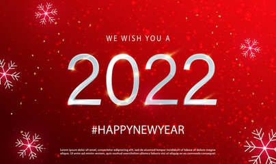 2022 Happy New Year vector holiday on festive red background with glowing snowflakes. White Numeral 2022 with shining light effect. Festive premium template for holiday. Vector illustration