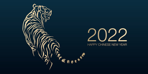 Happy Chinese New Year 2022 by gold brush stroke abstract paint of the tiger isolated on dark blue background. - obrazy, fototapety, plakaty