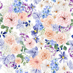 Elegant spring summer seamless floral pattern with hand drawn violet flower, purple floral, white orchid, rose, peony, bluebells illustration. Flower background for the textile fabric, wrapping paper